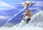  1girl armor ass blonde_hair blue_eyes blue_gloves blue_hairband blue_thighhighs blurry blurry_background blush boots elbow_gloves english_commentary from_behind from_below fur_boots fur_trim gloves greatsword greaves hairband highres holding holding_sword holding_weapon horns huge_weapon kirin_(armor) loincloth long_hair midriff monster_hunter:_world monster_hunter_(character) monster_hunter_(series) mr_cheesedong panties pantyshot single_horn snow solo strapless sword thighhighs thighs toned tube_top underwear vambraces weapon white_panties 