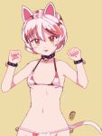  1girl :3 alternate_costume animal_ears animated animated_gif bad_link bell bikini blush cat_ears cat_tail coin collar goutokuji_mike grey_background jingle_bell looking_at_viewer midriff multicolored_hair navel open_mouth paw_pose puuakachan short_hair simple_background solo swimsuit tail touhou wristband 