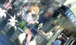  5girls absurdres alternate_costume antlers bag bangs bespectacled bird blonde_hair blurry blurry_foreground bow bracelet bubble_tea cafe city closed_eyes closed_mouth clothing_cutout commentary_request contemporary dragon_girl dragon_tail drinking drinking_straw dutch_angle earrings feet_out_of_frame fence flower food glasses green_bag green_eyes green_hair green_skirt grey_hair grin hair_bow hakurei_reimu high-waist_skirt highres holding holding_eyewear holding_spoon horns ice_cream jewelry kagiyama_hina kicchou_yachie komano_aunn lantern long_hair looking_at_viewer medium_hair miniskirt multiple_girls no_eyes open_clothes open_mouth open_shirt otter_spirit_(touhou) outdoors poster_(object) puffy_short_sleeves puffy_sleeves red_eyes red_ribbon red_shirt red_vest removing_eyewear ribbon sandwich shameimaru_aya_(crow) sheep_girl sheep_horns shirt short_hair short_sleeves shoulder_bag shoulder_cutout sitting skirt smile spoon table tail touhou toutetsu_yuuma vest wb_yimo white_flower white_shirt 