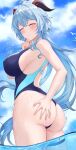  1girl absurdres ahoge alternate_costume ass ass_grab back bangs bare_arms bare_shoulders bird blue_hair blue_one-piece_swimsuit blue_sky blush breasts closed_eyes closed_mouth cloud commentary_request competition_swimsuit covered_nipples floating_hair from_side ganyu_(genshin_impact) genshin_impact goat_horns grabbing_own_ass highres horns large_breasts long_hair looking_at_viewer one-piece_swimsuit partially_underwater_shot ponytail raised_eyebrows ronnie_z sideboob sidelocks skindentation sky solo swimsuit thigh_strap thighs two-tone_swimsuit wading water wavy_mouth wet 