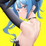  1girl 8851_(user_kpkf3322) animal_ears areola_slip armpits arms_up back backless_outfit bare_back bare_shoulders black_choker black_leotard blue_eyes blue_hair blush choker closed_mouth elbow_gloves flat_chest from_behind furrowed_brow gloves hair_ribbon highres hololive hoshimachi_suisei leotard looking_back medium_hair playboy_bunny pout rabbit_ears ribbon simple_background solo star_(symbol) star_in_eye symbol_in_eye upper_body virtual_youtuber yellow_background 
