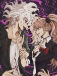  1boy 1girl :d bangs bear_hair_ornament black_background black_bra black_choker black_shirt bow bra breasts choker cleavage collarbone danganronpa:_trigger_happy_havoc danganronpa_(series) danganronpa_2:_goodbye_despair enoshima_junko green_jacket grey_eyes grey_hair grey_shirt grin hair_ornament hand_up hood hood_down hooded_jacket jacket komaeda_nagito large_breasts messy_hair nail_polish necktie open_clothes open_jacket open_mouth pink_background print_shirt red_bow red_nails shi_gu_(sigu_69) shirt smile teeth underwear upper_body upper_teeth white_necktie 