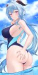  1girl absurdres ahoge alternate_costume ass ass_grab back bangs bare_arms bare_shoulders bird blue_hair blue_one-piece_swimsuit blue_sky blush breasts closed_mouth cloud commentary_request competition_swimsuit covered_nipples floating_hair from_side ganyu_(genshin_impact) genshin_impact goat_horns grabbing_own_ass highres horns large_breasts long_hair looking_at_viewer one-piece_swimsuit partially_underwater_shot ponytail purple_eyes ronnie_z sideboob sidelocks skindentation sky smile solo swimsuit thigh_strap thighs two-tone_swimsuit wading water wet 