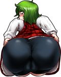  ass ass_mousepad bike_shorts blush cameltoe fat_mons frown green_hair hips k2isu kazami_yuuka looking_at_viewer looking_back mousepad nose_blush outline plaid plaid_skirt plaid_vest red_eyes short_hair skirt skirt_lift skirt_set solo touhou trefoil vest wavy_mouth white_background wide_hips 