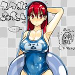  armpits bad_id bad_pixiv_id breasts innertube large_breasts long_hair mori_hikiko name_tag one-piece_swimsuit original red_eyes red_hair school_swimsuit solo swimsuit teriyaki 