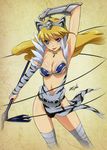  :p absurdres arm_up armor armpits bandages bikini_armor blonde_hair blue_eyes breasts cleavage detached_sleeves earrings elina gauntlets highres hisayuki_hirokazu jewelry large_breasts long_hair non-web_source official_art queen's_blade solo thighhighs tongue tongue_out 