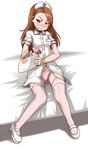  brown_eyes brown_hair garter_straps hat idolmaster idolmaster_(classic) idolmaster_2 legs long_hair mary_janes minase_iori nurse nurse_cap panties pantyshot petite shoes solo thighhighs ttomm underwear urinal_bottle white_panties 