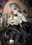  against_wall aoi_karin armor asymmetrical_clothes bodysuit braid cameltoe cloak dna^2 gloves grey_hair gun milk_(niunai_jai) red_eyes short_hair side_braid skin_tight solo spandex weapon 