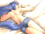  animal_ears ass back blue_hair breasts closed_eyes denim denim_shorts follower_(yagisaka_seto) large_breasts long_hair lying on_stomach original shorts sideboob sketch sleeping solo tail topless yagisaka_seto 