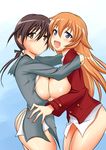  asymmetrical_docking blue_eyes blush bottomless breast_press breasts brown_eyes brown_hair charlotte_e_yeager gertrud_barkhorn large_breasts long_hair multiple_girls open_mouth orange_hair smile strike_witches sweatdrop symmetrical_docking world_witches_series yuri z-s-e 