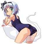  ass bent_over black_hairband blue_hair chacha_(tyatya) cropped_legs frown ghost green_eyes hairband konpaku_youmu konpaku_youmu_(ghost) looking_at_viewer looking_back one-piece_swimsuit riding school_swimsuit short_hair solo swimsuit touhou 