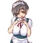  apron black_hair breast_squeeze breast_suppress breasts large_breasts lowres maid maid_headdress original sanemichi_hajime short_hair simple_background solo yellow_eyes 