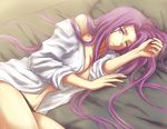  bad_id bad_pixiv_id bed black_panties breasts cleavage fate/stay_night fate_(series) hitoha long_hair lying medium_breasts no_bra on_side one_eye_closed open_clothes open_shirt panties pillow purple_eyes purple_hair rider shirt sleeves_rolled_up solo sweat underwear very_long_hair wince 