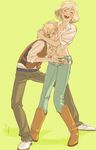  1girl america_(hetalia) axis_powers_hetalia boots breast_smother breasts couple cowboy_boots denim genderswap genderswap_(mtf) headlock hetero jeans large_breasts midriff pants shirt tied_shirt united_kingdom_(hetalia) weep03 