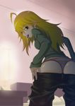  ahoge ass bad_id bad_pixiv_id blonde_hair blush clothes_writing condom condom_in_mouth from_behind green_eyes hoshii_miki idolmaster idolmaster_(classic) kabaya_kousuke long_hair looking_back mouth_hold panties pants_pull pulled_by_self saliva solo thong underwear 
