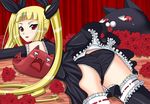  ass black_panties blazblue blonde_hair flower gii long_hair lying nago on_stomach panties rachel_alucard red_eyes red_flower red_rose ribbon rose seraphina solo thighhighs twintails underwear 