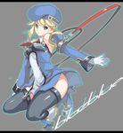  beret blazblue blonde_hair blue_footwear boots copyright_name detached_sleeves gloves green_eyes hat noel_vermillion omega.ep solo thighhighs white_gloves 