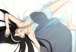  absurdres arm_up armpits barefoot bed bed_sheet black_hair chemise closed_eyes hairband highres kumashiro_maya long_hair lying non-web_source nyantype official_art on_back panties see-through seikimatsu_occult_gakuin shadow sleeping solo underwear very_long_hair you_gonna_get_raped 