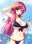  armpits bikini blush breasts chibi cleavage covered_nipples day food frilled_bikini frills front-tie_top hands hatsune_miku headset highres kawase_seiki large_breasts long_hair looking_at_viewer megurine_luka navel pink_hair popsicle purple_eyes shading_eyes side-tie_bikini solo sweat swimsuit takoluka tongue underboob undersized_clothes vocaloid water wet 