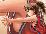  armpits basketball basketball_uniform blush breasts brown_eyes brown_hair clothes_writing downblouse hands jersey lielos nipple_slip nipples no_bra open_mouth original outstretched_arms outstretched_hand poniko_(lielos) ponytail profile small_breasts solo sportswear sweat zoom_layer 