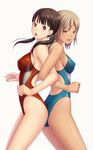  ass back-to-back blonde_hair breasts brown_hair competition_swimsuit covered_nipples dark_skin highleg highleg_swimsuit highres impossible_clothes impossible_swimsuit kuri_(kurigohan) large_breasts locked_arms low_twintails medium_breasts mizuno multiple_girls one-piece_swimsuit profile red_eyes shiny shiny_skin short_hair sideboob skin_tight swimsuit twintails yellow_eyes 