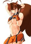  abs animal_ears antenna_hair armpits bad_id bad_pixiv_id blazblue breasts brown_hair buckle gloves kojou large_breasts makoto_nanaya miniskirt muscle navel one_eye_closed orange_skirt red_eyes revealing_clothes side_slit skirt solo squirrel_ears squirrel_tail sweat tail underboob undressing 
