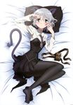  absurdres animal_ears artist_request bed_sheet blush feet green_eyes hands highres legs lying necktie non-web_source official_art on_back pantyhose pillow sanya_v_litvyak short_hair silver_hair skirt solo strike_witches tail world_witches_series 