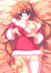  absurdres bare_shoulders blush breast_lift breasts copyright_request highres large_breasts looking_at_viewer lying munyuu nipples no_panties on_back partially_visible_vulva pussy_peek red_hair ribbon santa_costume solo thighhighs 