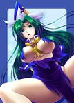  between_breasts breasts breasts_apart breasts_outside green_eyes green_hair hat koto_tsubane large_breasts legs long_hair mima solo spread_legs thick_thighs thighs torn_clothes touhou touhou_(pc-98) wizard_hat 
