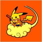  cloud cosplay dragon_ball flying_nimbus gen_1_pokemon no_humans nyoibo pikachu pokachuu pokemon pokemon_(creature) simple_background son_gokuu son_gokuu_(cosplay) whorled_clouds 