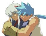  bad_id bad_pixiv_id blue_eyes blue_hair breath_of_fire breath_of_fire_iv dual_persona fingerless_gloves fou-lu gloves hair_over_one_eye horns hug long_hair lowres male_focus multiple_boys ponytail redin ryuu_(breath_of_fire_iv) very_long_hair white_eyes white_hair 