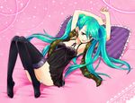  aqua_eyes aqua_hair armpits arms_up bad_id bad_pixiv_id black_legwear camisole co_jet earrings frilled_pillow frills green_eyes green_hair hatsune_miku jewelry legs long_hair lying necklace nightgown on_back panties pillow solo stole thighhighs thighs twintails underwear vocaloid white_panties world_is_mine_(vocaloid) 