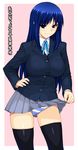  akiyama_mio akiyama_mio_(cosplay) blazer blue_hair cosplay highres jacket k-on! kurusugawa_ayaka panties school_uniform shichimenchou skirt skirt_lift solo striped striped_panties thighhighs to_heart underwear 