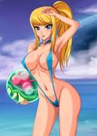  alien areola_slip areolae arm_up armpits blonde_hair blue_eyes breasts covered_nipples highres long_hair medium_breasts metroid metroid_(creature) navel ocean ponytail samus_aran sigurd_hosenfeld slingshot_swimsuit solo swimsuit toned water 