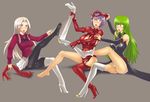  barefoot black_legwear blush boots c.c. code_geass corn_syrup crossover detached_sleeves evil_rose fate/zero fate_(series) feet green_hair high_heels irisviel_von_einzbern legs legs_up leotard mask mask_removed miniskirt multiple_crossover multiple_girls pantyhose purple_hair red_eyes red_leotard rumble_roses shoes single_shoe skirt thigh_boots thighhighs undressing unmasking yellow_eyes 