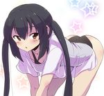  ass bent_over black_hair blush brown_eyes k-on! kurobuta_(meregear) nakano_azusa one-piece_swimsuit solo swimsuit swimsuit_under_clothes twintails 
