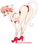  animal_ears ass bikini breasts front-tie_top full_body high_heels highres large_breasts legs looking_back original pink_eyes pink_hair shoes short_hair side-tie_bikini simple_background solo standing swimsuit tail underboob vrco vrkdh 