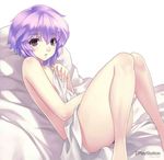  agarest_senki_(series) agarest_senki_2 aina_(agarest_senki) barefoot bed bed_sheet blush convenient_leg covering flat_chest hands hirano_katsuyuki legs naked_sheet nude nude_cover official_art purple_eyes purple_hair reclining short_hair solo watermark 