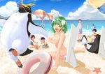  5girls bad_id bad_pixiv_id beach bikini bird clothes_theft day green_hair innertube misu_kasumi multiple_boys multiple_girls original penguin short_hair starfish swimsuit swimsuit_theft theft topless yellow_eyes 