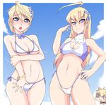  ahoge apple_inc. bad_id bad_pixiv_id beach bikini blonde_hair blue_eyes blush breasts capo_ane chibi cleavage cleavage_cutout cloud day earrings front-tie_top groin hand_on_hip highleg highleg_bikini highleg_swimsuit jewelry large_breasts leobou long_hair manjiro multiple_girls o-ring o-ring_top os-tan os9 short_hair side-tie_bikini swimsuit tankini thigh_gap 