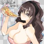  breasts brown_eyes brown_hair cheese_trail cleavage eating food holding_pizza large_breasts long_hair matsuri_(teriyaki) original pizza slice_of_pizza solo teriyaki 