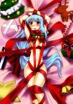  bdsm bell blue_hair blush bondage bound candy candy_cane christmas deer food gift kawajuu long_hair lying naked_ribbon navel no_nose on_back original ribbon ribbon_bondage scarf solo 