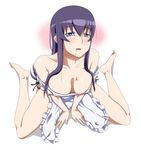  apron barefoot blue_eyes blush breasts busujima_saeko downblouse drooling feet highschool_of_the_dead large_breasts long_legs naked_apron nude purple_eyes purple_hair ribonzu saliva sexually_suggestive sitting solo wariza 