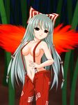  bamboo bamboo_forest bow breasts covered_nipples fiery_wings forest fujiwara_no_mokou grey_hair hair_bow long_hair medium_breasts naked_suspenders nature no_panties open_fly pants red_eyes revealing_clothes suspenders topless touhou unzipped wings yukki_(canvas) 