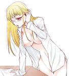  blonde_hair breasts glasses large_breasts long_hair naked_shirt open_clothes open_shirt original red_eyes shirt solo table yodobashi_yuo 