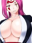  akimichi baiken breasts center_opening cleavage facepaint guilty_gear huge_breasts pink_hair purple_hair red_eyes scar solo tattoo 