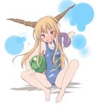  amagase_lyle barefoot blush brown_hair competition_swimsuit drunk feet food fruit gourd holding holding_food holding_fruit horns ibuki_suika long_hair one-piece_swimsuit red_eyes smile solo spread_legs swimsuit touhou watermelon 
