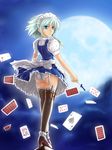  ass blue_eyes bow braid card falling_card garter_straps hair_bow high_heels izayoi_sakuya knife legs looking_back maid maid_headdress moon panties purple_hair red_eyes remilia_scarlet shoes short_hair silver_hair solo spear_the_gungnir thighhighs tomw touhou twin_braids underwear wings 