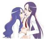  blue_eyes blue_hair blush breasts eyelashes glasses heartcatch_precure! kurumi_momoka lips long_hair medium_breasts multiple_girls open_clothes open_shirt precure purple_hair sabachiyo_land shirt tsukikage_yuri yuri 