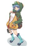  alternate_costume arched_back badge bag bangs blue_eyes blue_footwear blue_hair blunt_bangs boots breasts button_badge character_name commentary_request cucumber drawstring dress eating emoji eyebrows_visible_through_hair full_body green_hat green_neckwear hand_in_pocket hat holding hood hooded_jacket jacket kappa kawashiro_nitori key large_breasts long_sleeves looking_at_viewer medium_breasts mumulatte nail_polish pocket pouch shoulder_bag simple_background solo standing thigh_strap touhou white_background white_dress 